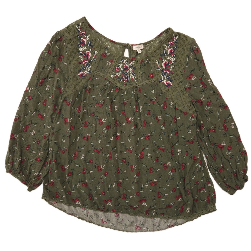 Coquette Top Women's 2XL Green Embroidered Floral Boho Blouse Lace Top